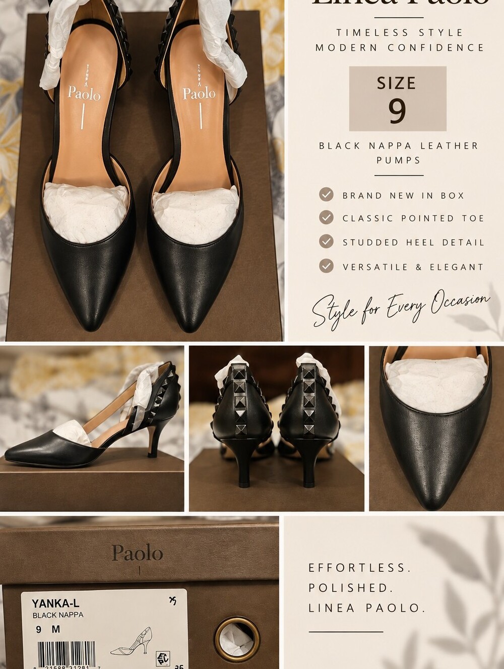 NIB Linea Paolo Black Nappa Leather Pointed-Toe Pumps with Studded Ankle Straps